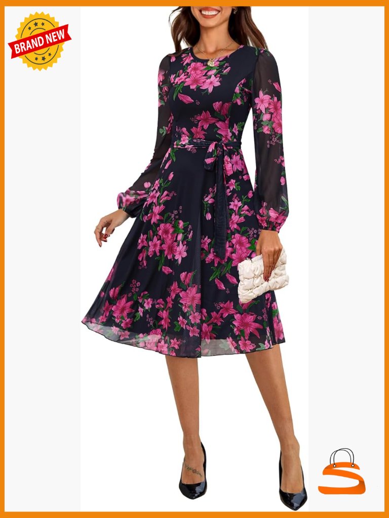 Elegant Floral Mesh Midi Dress With Puff Sleeves & Belt